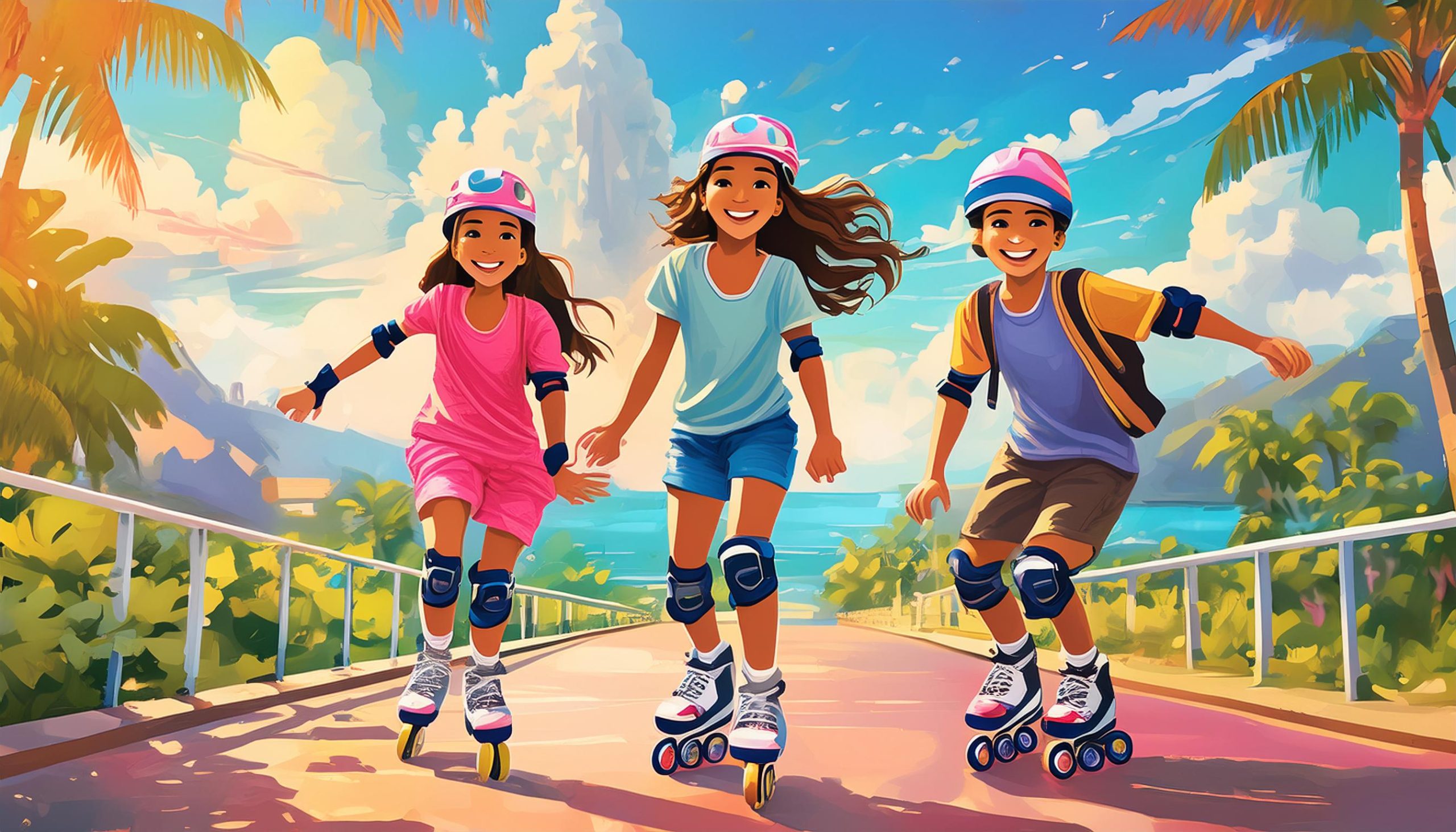 Three teenagers rollerskating in a summer day